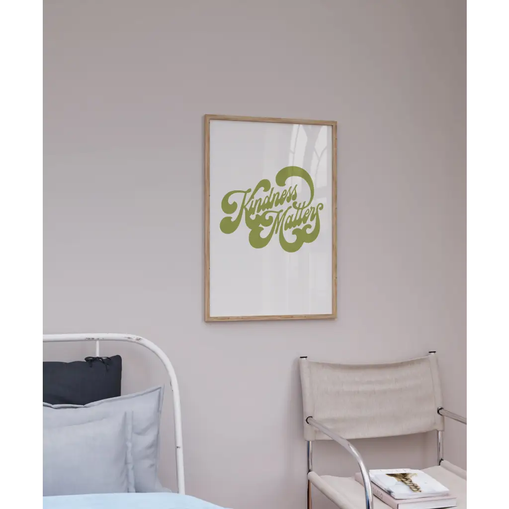 Framed Kindness Matters wall print with retro lettering adds charm to your space