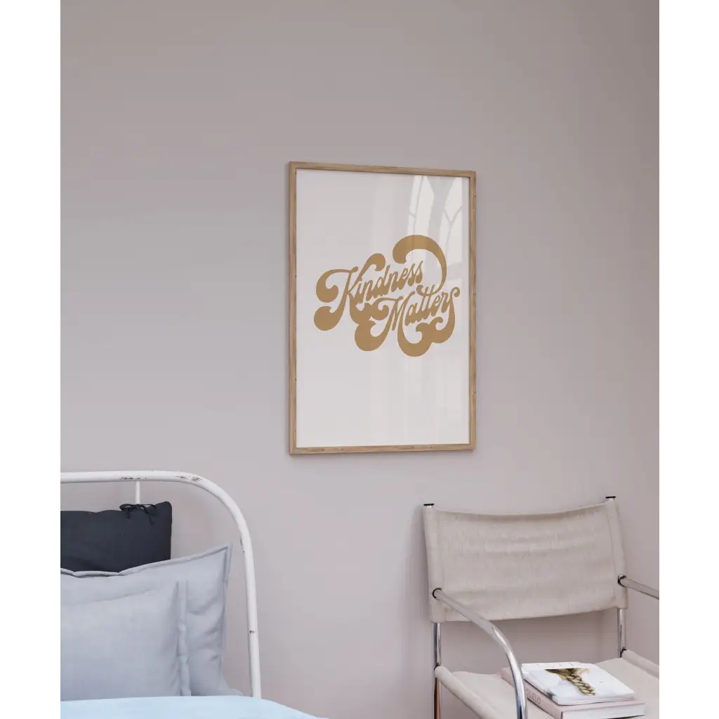 Framed gold kindness matters wall print with retro typography, perfect for any space