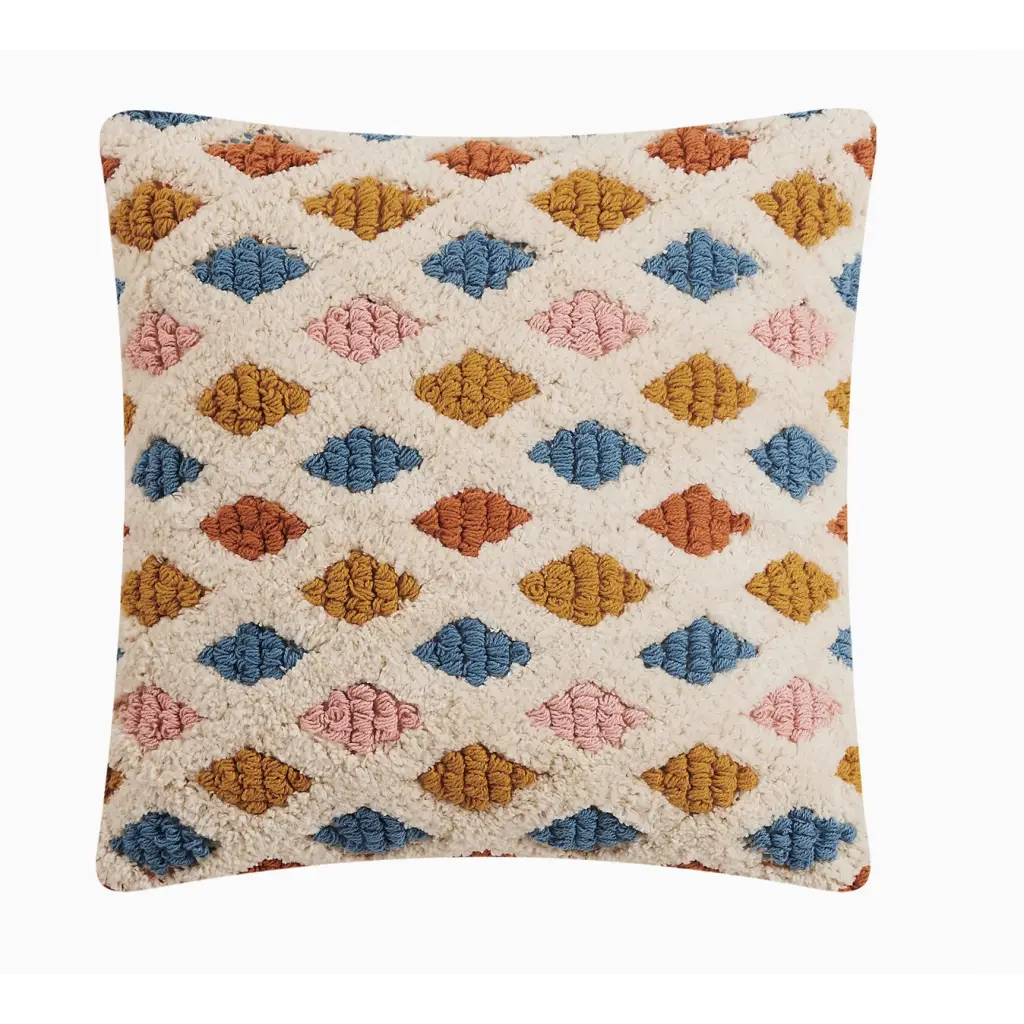 Lana Decorative Pillow with geometric diamond pattern in pink, blue, and mustard