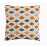 Lana Decorative Pillow with geometric diamond pattern in pink, blue, and mustard