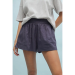 Elastic-waisted blue linen shorts with side slits from Layla for stylish womens clothes