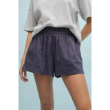 Elastic-waisted blue linen shorts with side slits from Layla for stylish womens clothes