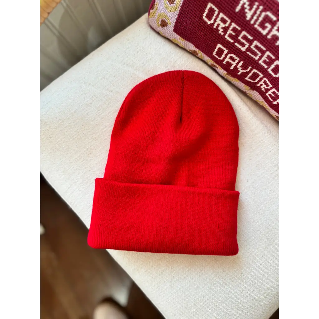 Bright red Lexi Beanie Hat with a folded cuff for a stylish winter vibe