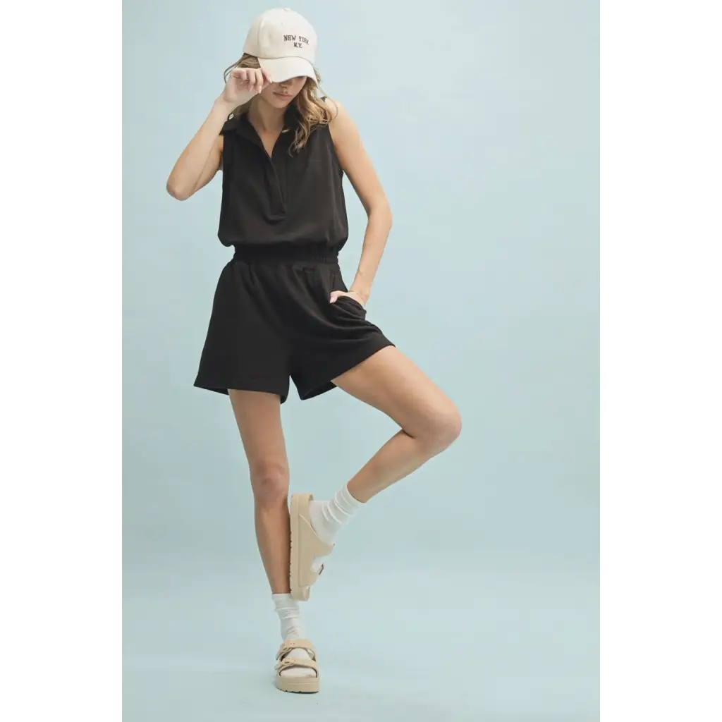 Black sleeveless romper with elastic waist from Lexie Athletic Polished Prints, stylish womens clothes