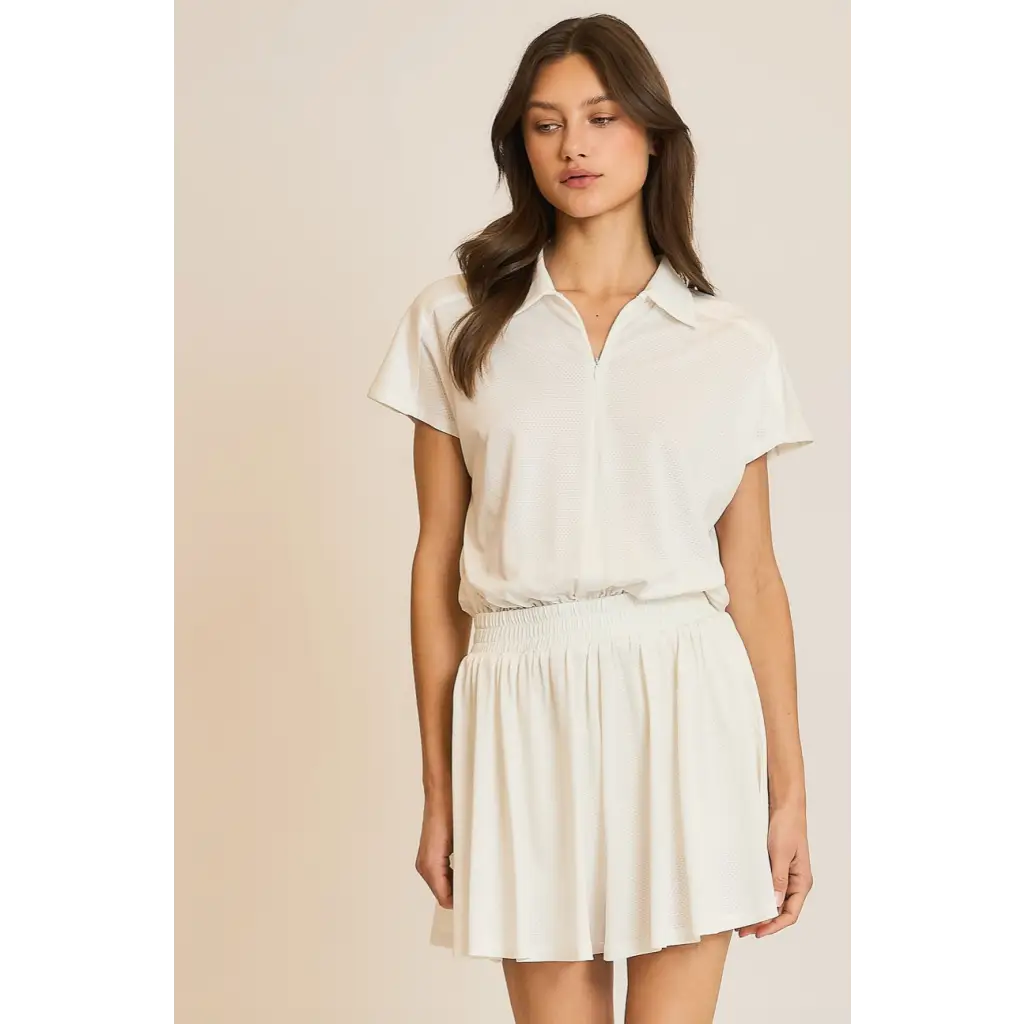 White collared dress on the Libby Athletic Mesh Romper with Front Zip Detail