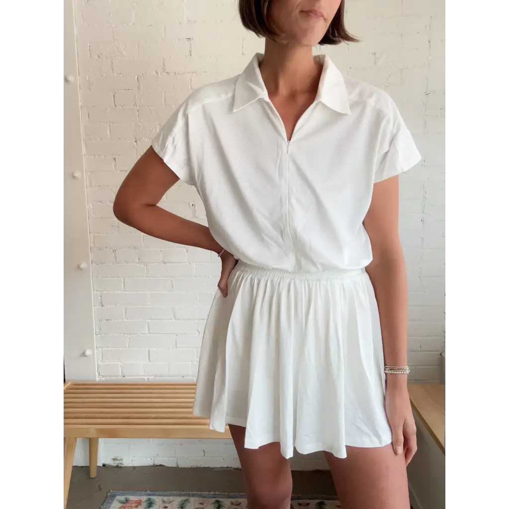 White Libby Romper with front zip, perfect athletic mesh romper for casual wear