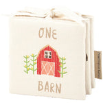 Embroidered fabric baby soft book with red barn design from Little Farm Soft Book collection