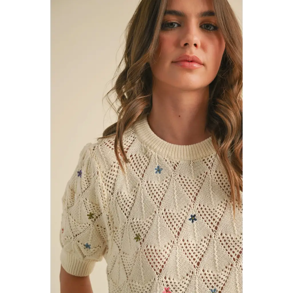 Cream-colored Liv Pointelle Knit Sweater with floral embroidery and open-knit diamond pattern