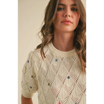 Cream-colored Liv Pointelle Knit Sweater with floral embroidery and open-knit diamond pattern