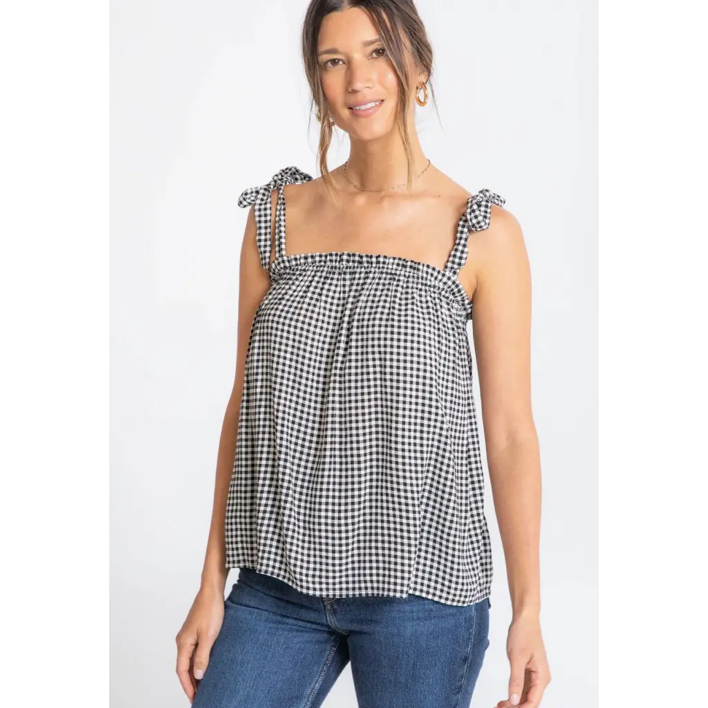 Lucy Gingham Linen Blend Tie Shoulder Tank Top with polished prints perfect for stylish womens clothes