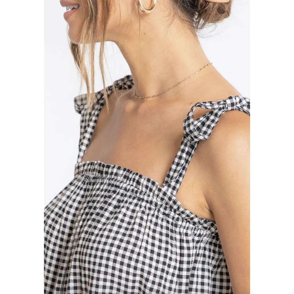 Black and white gingham Lucy Gingham Linen Blend Tie Shoulder Tank Top, perfect for stylish womens clothes