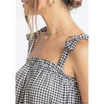 Black and white gingham Lucy Gingham Linen Blend Tie Shoulder Tank Top, perfect for stylish womens clothes