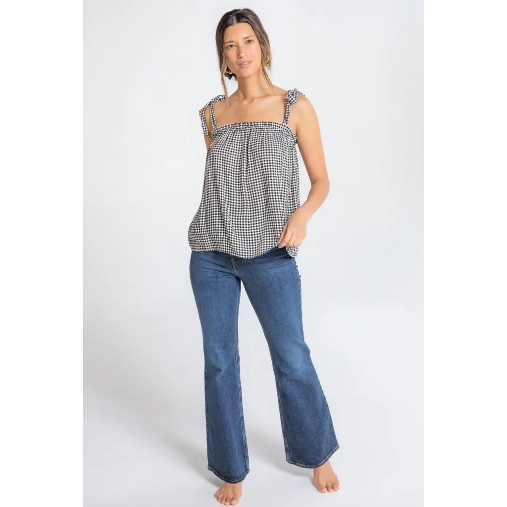 Woman in Lucy Gingham Linen Blend Tie Shoulder Tank Top, stylish womens clothes