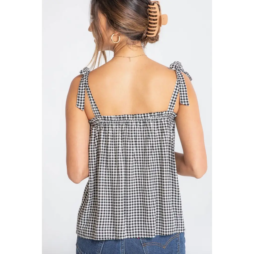 Black and white gingham tie-strap top from Lucy Gingham Linen Blend for stylish womens clothes