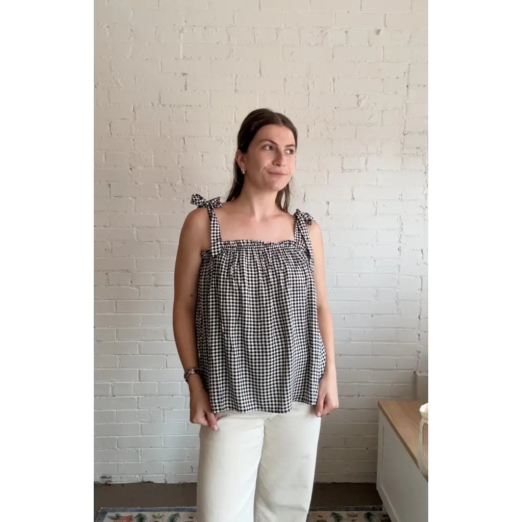Lucy Gingham Linen Blend Tie Shoulder Tank Top with black and white gingham print