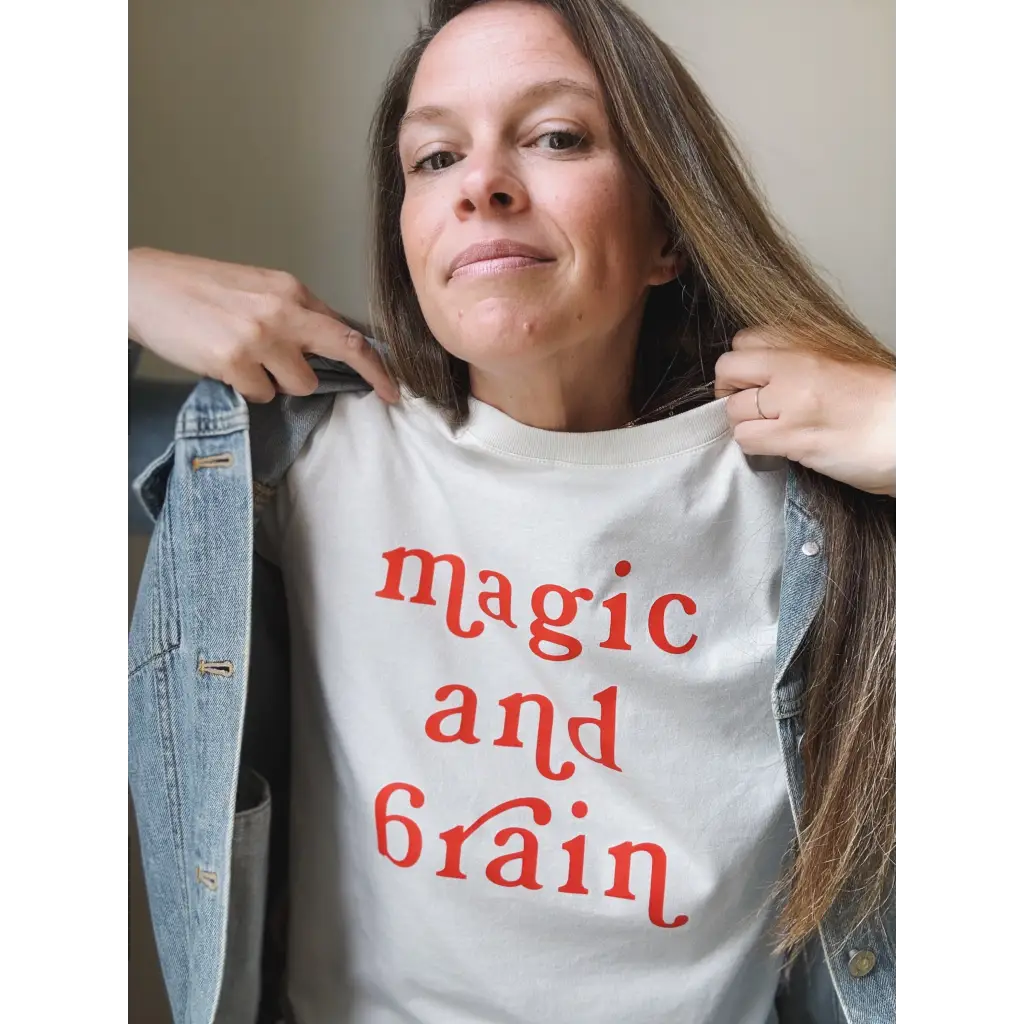 White T-shirt with red magic and brain text from Kate Baer’s Magic & Brain final sale