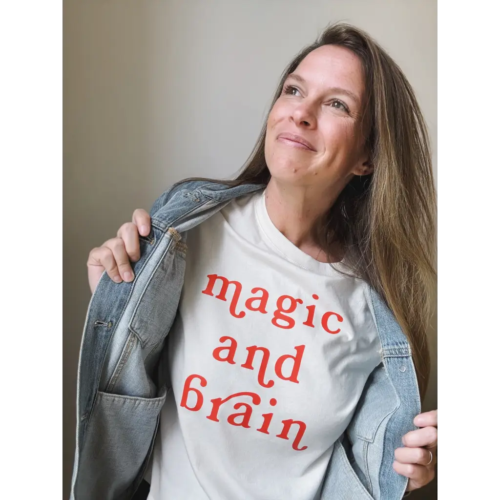 Woman in Magic & Brain Kate Baer T-Shirt with denim jacket, perfect for moon song fans
