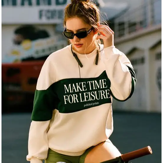 Cream and green Make Time for Leisure Color Block Pullover Sweatshirt for chill vibes