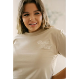 Beige organic cotton sweatshirt with Mama Tried text, perfect in stylish womens clothes