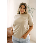 Beige Organic Cotton Tee with light embroidery paired with blue jeans for stylish womens clothes