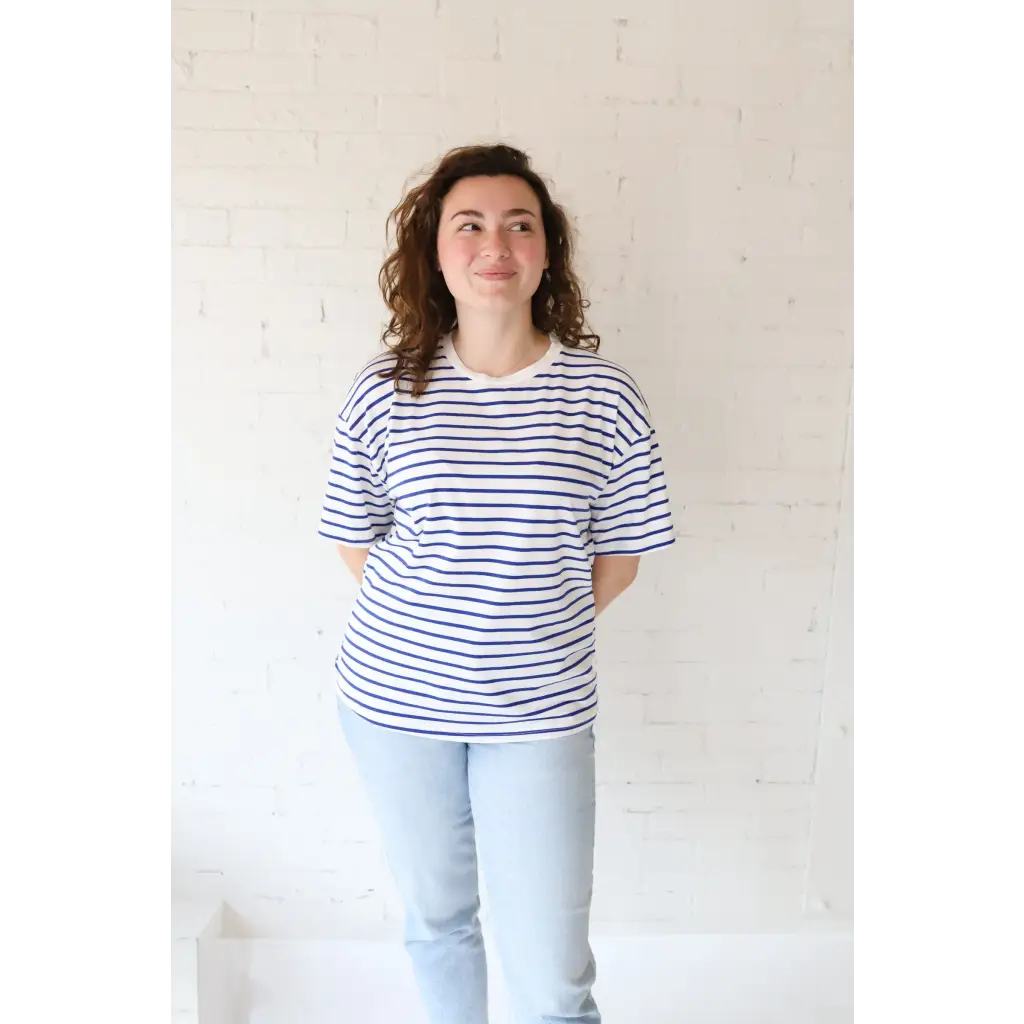 Woman in stylish womens clothes wearing Mary Striped Short Sleeve with polished prints