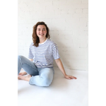 Woman in Mary Striped Short Sleeve wearing stylish womens clothes with polished prints for moms