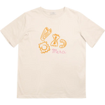 Beige Merci! Pasta Kids T-Shirt with cute hand-drawn pasta illustrations on a classic crew neck