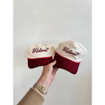Two burgundy and white Midwest rope hats for kids with cool script embroidery
