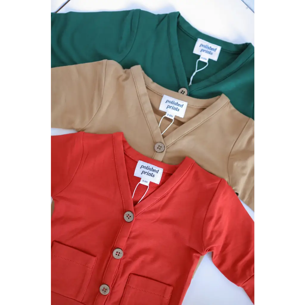 Three Buttery Soft Mini Grandpa Cardigans in Green, Beige, and Red for the Holiday Season