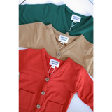 Three Buttery Soft Mini Grandpa Cardigans in Green, Beige, and Red for the Holiday Season