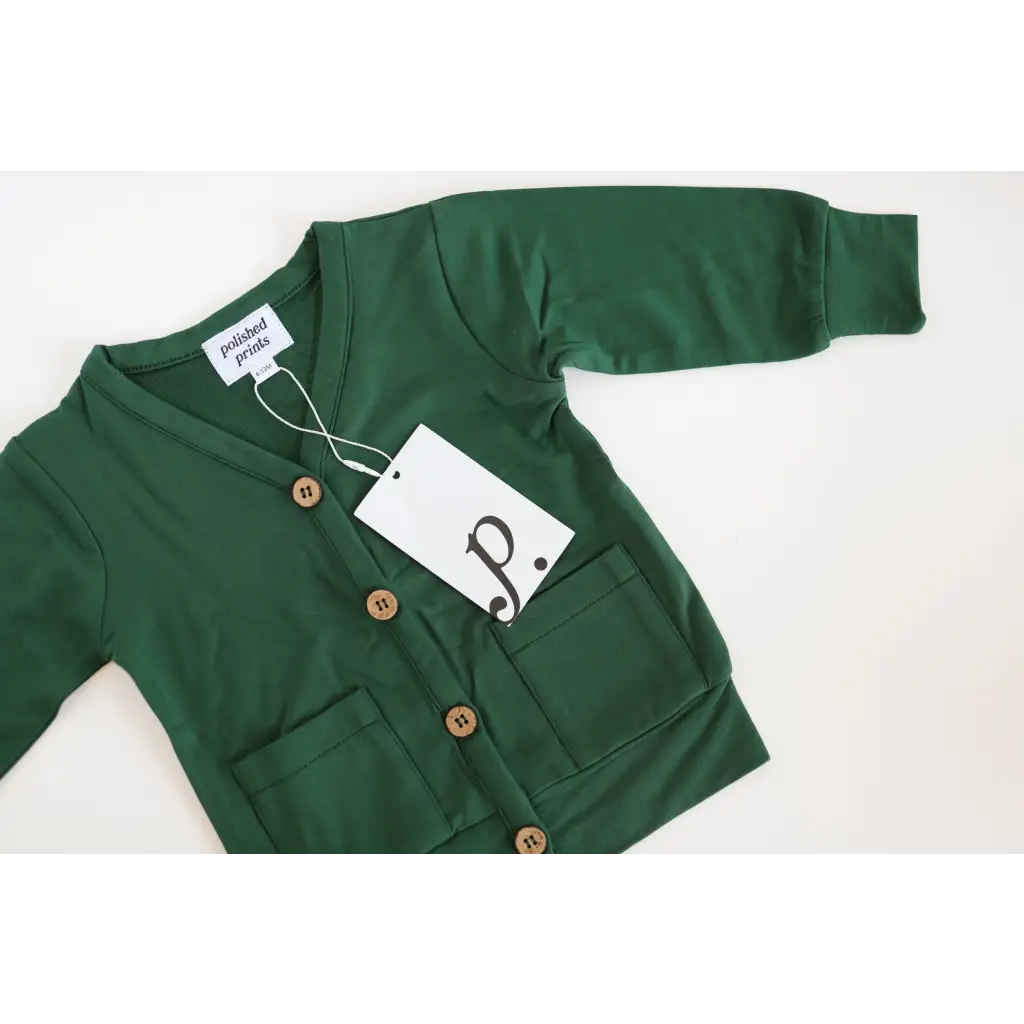 Forest green mini grandpa cardigan with wooden buttons, perfect for the holiday season