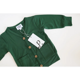 Forest green mini grandpa cardigan with wooden buttons, perfect for the holiday season