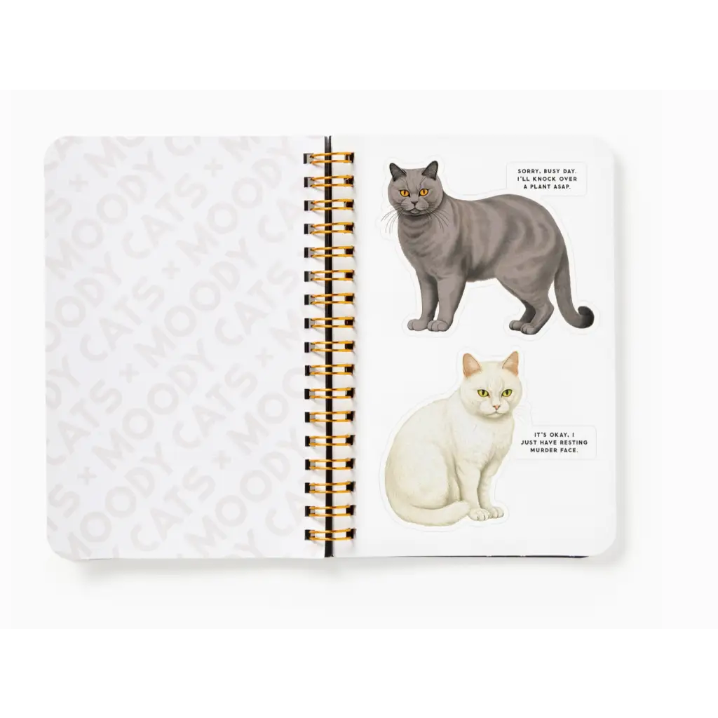 Spiral-bound Moody Cats Sticker Book with cute cat illustrations and polished prints