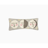 Decorative wool hooked accent pillow with whimsical moon faces and velvet backing