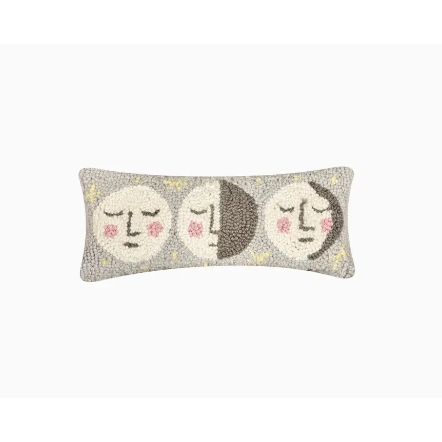 Decorative wool hooked accent pillow with whimsical moon faces and velvet backing