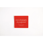 Playful sticker featuring red coaster that says more champagne less judgement for fun vibes