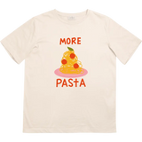 Beige kids t-shirt with pasta message graphic using fade-resistant inks and polished prints
