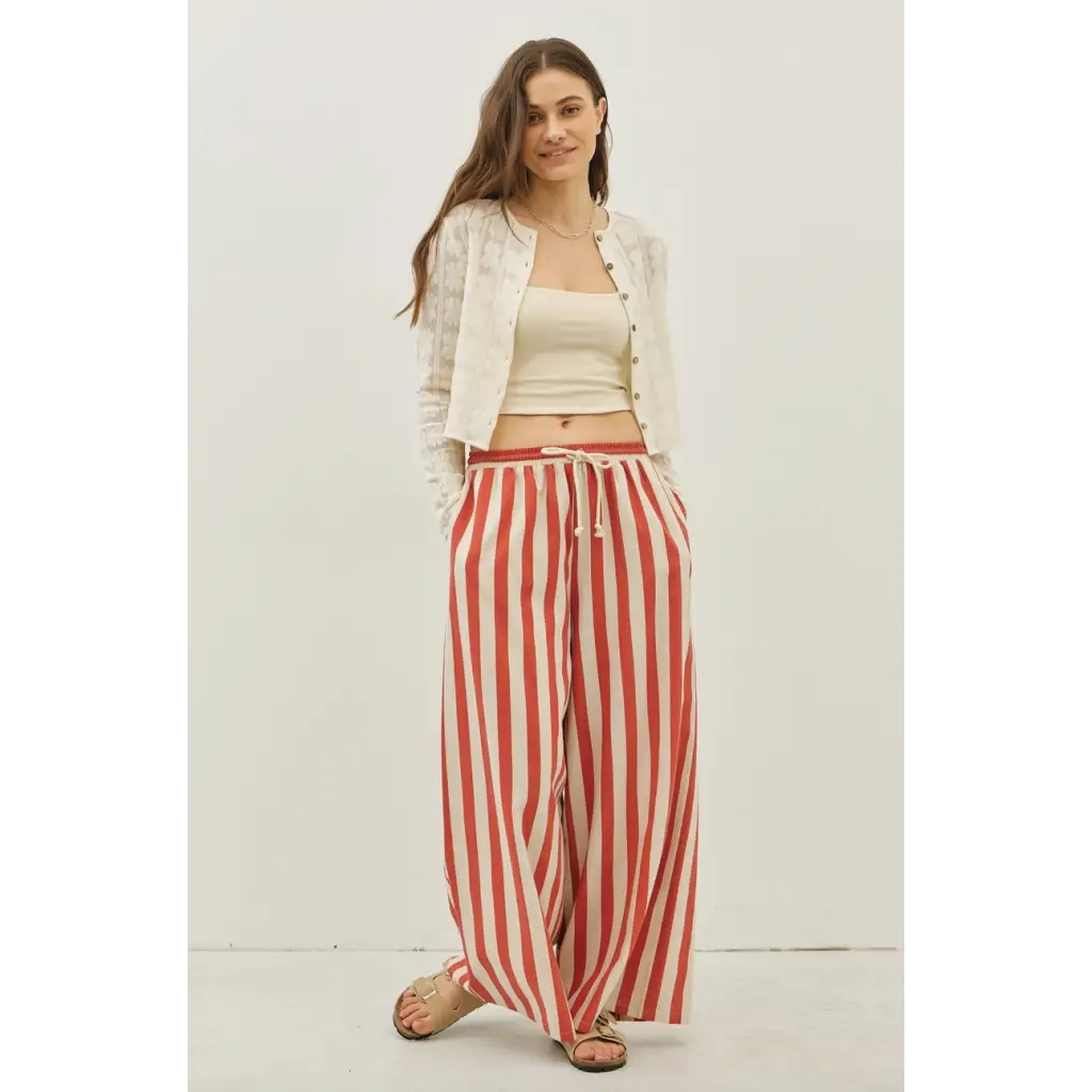 Striped wide-leg pants with elastic waistband, perfect for stylish womens clothes