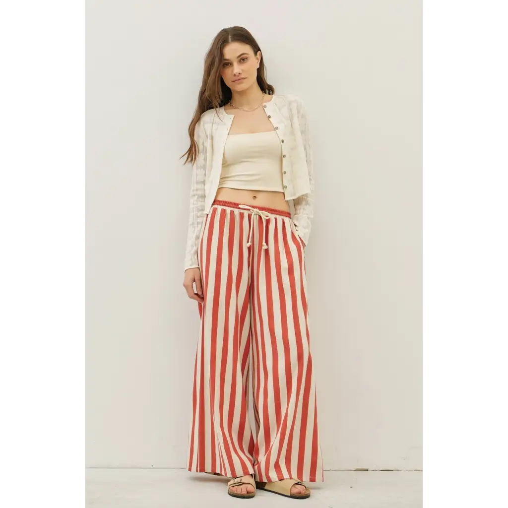 Striped wide-leg pants with elastic waistband perfect for stylish womens clothes