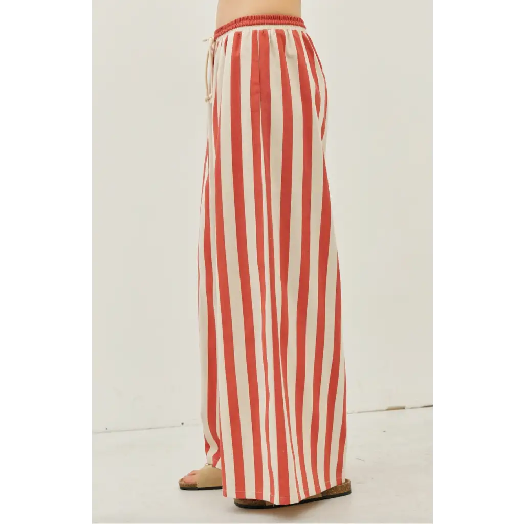 Morocco Stripe Wide-Leg Pants with Elastic Waistband, stylish womens clothes and polished prints