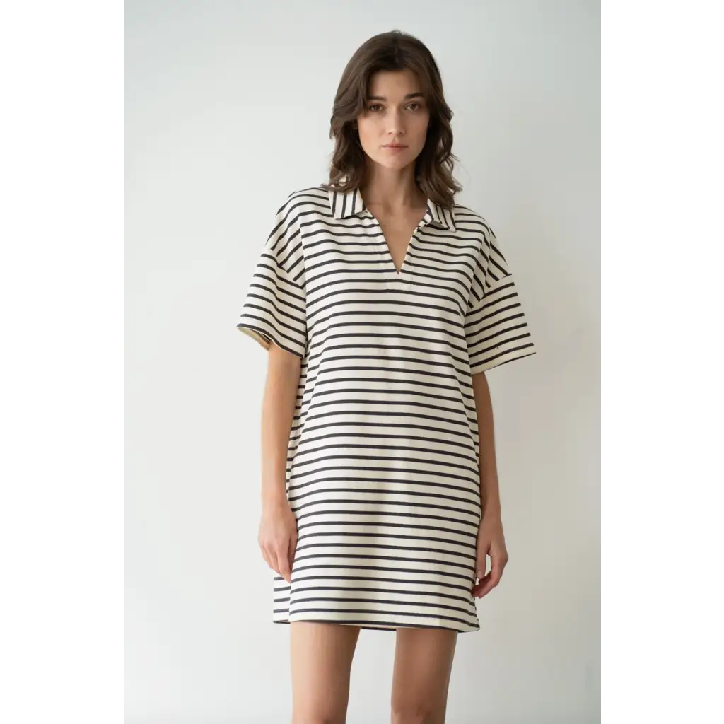 Nicole Collared V-Neck Casual Striped Mini Dress in stylish womens clothes