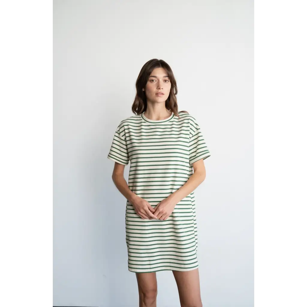 Nina Casual Striped Mini T-Shirt Dress with polished prints, perfect for stylish womens clothes or moms