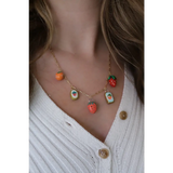 Gold chain necklace with colorful fruit and jam jar clay charms on Seaside Charm Necklace