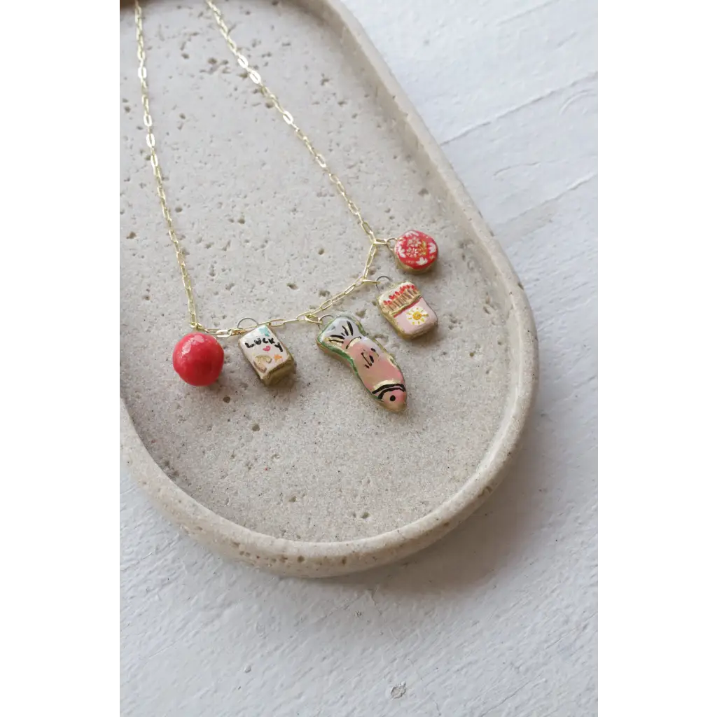 Gold chain necklace with colorful handmade clay charms, perfect seaside charm necklace