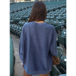 Blue waffle-knit sweatshirt in No Crying in Baseball Cord Pullover, stylish womens clothes