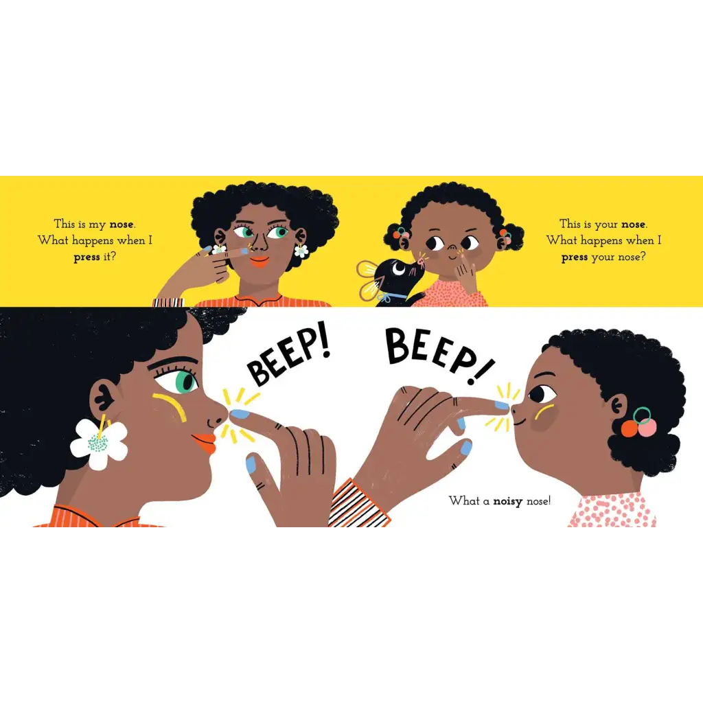 Yellow black striped beep nose toy in Nose, Toes, and Tummy Book by Sally Nicholls