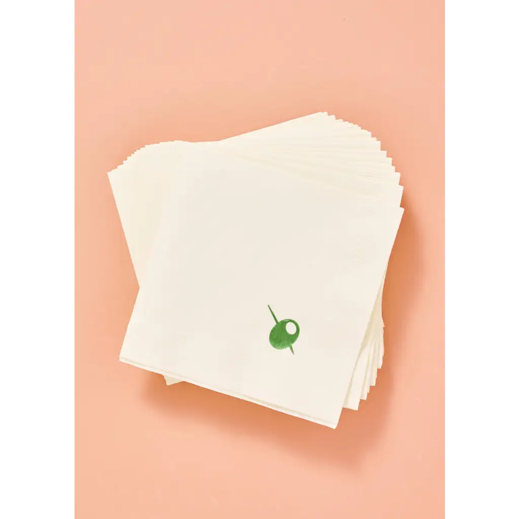 Stack of stylish womens clothes cocktail napkins with green olive polished prints