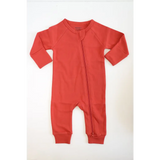 Red long-sleeved zippered baby romper in organic cotton for cozy comfort