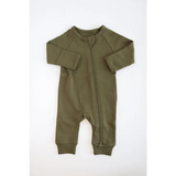 Olive green long-sleeved organic cotton baby zipper romper for comfy sleep