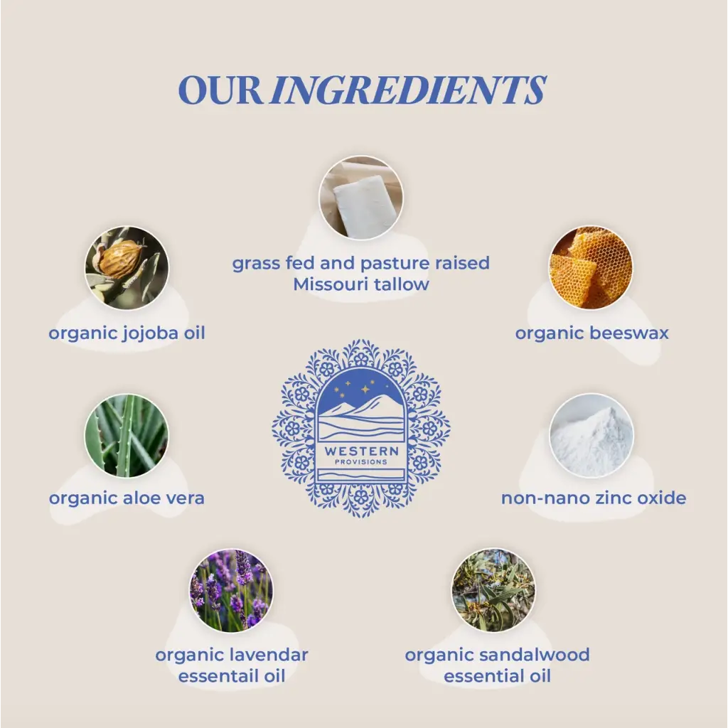 Organic Tallow Baby Balm ingredients with beef tallow and whipped tallow from pasture raised cows